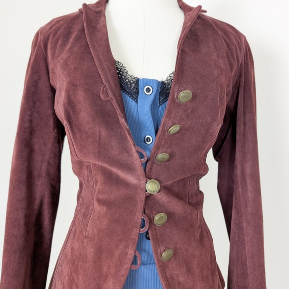 Danier Burgundy Leather Suede Jacket Bolero Steampunk Long Sleeve Blazer Maroon - Picture 4 of 11
